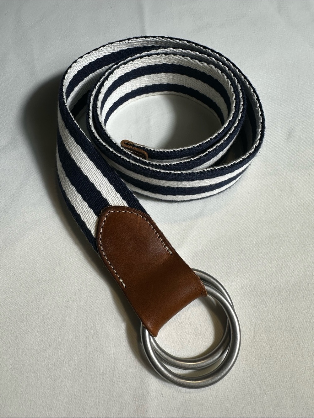 M13. Banana Republic Navy Striped Canvas D Ring Belt Leather Trim M Preppy